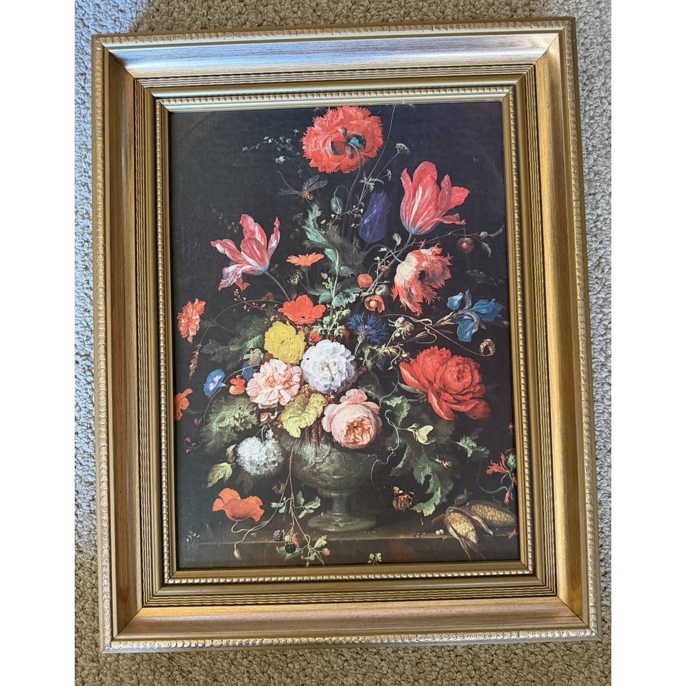 Vintage Framed Floral Still Life Print Gold Wood Frame Dutch Flemish Flowers Art - Picture 2 of 5